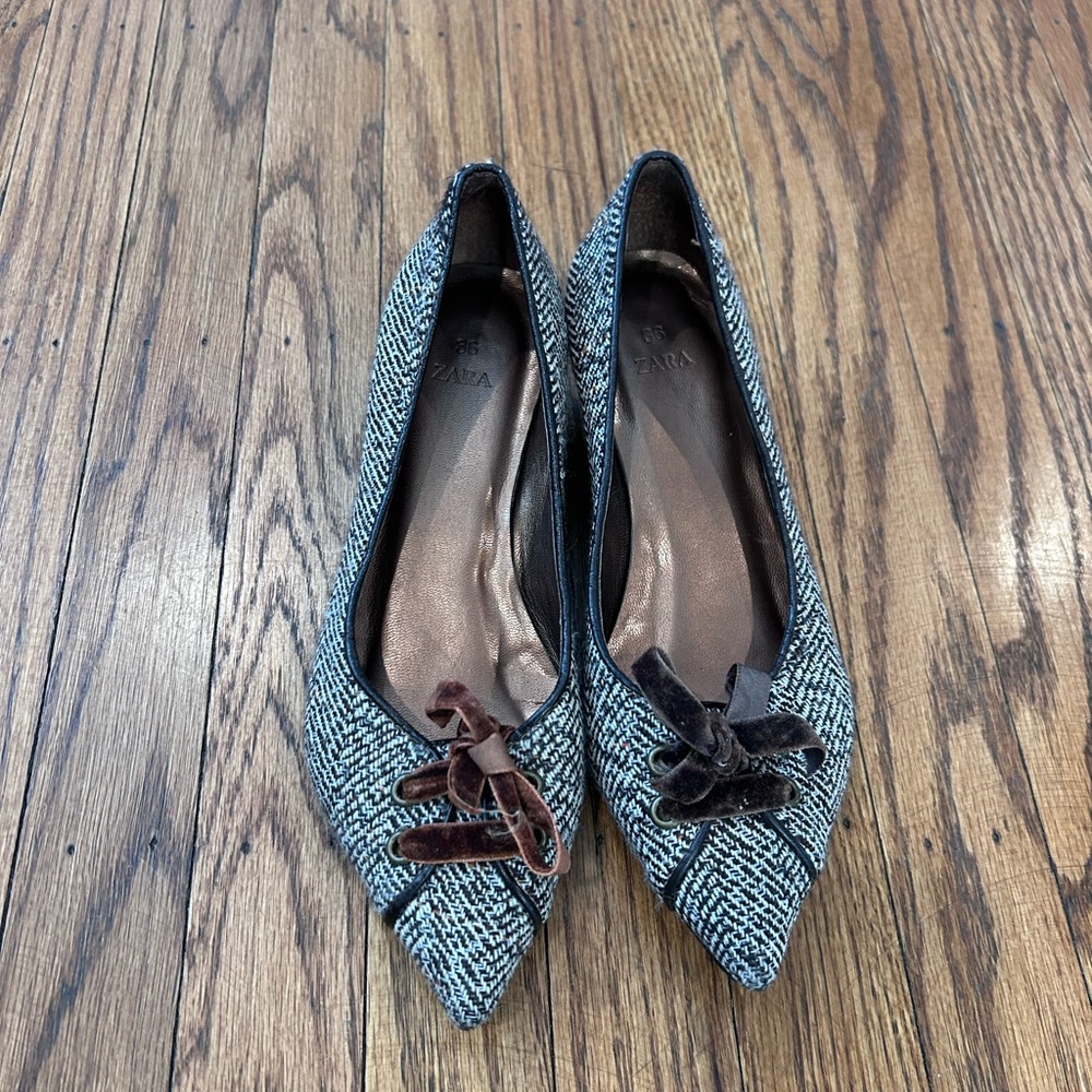Zara Tweed Pointed Toe Flats with Velvet Bows — Black and White